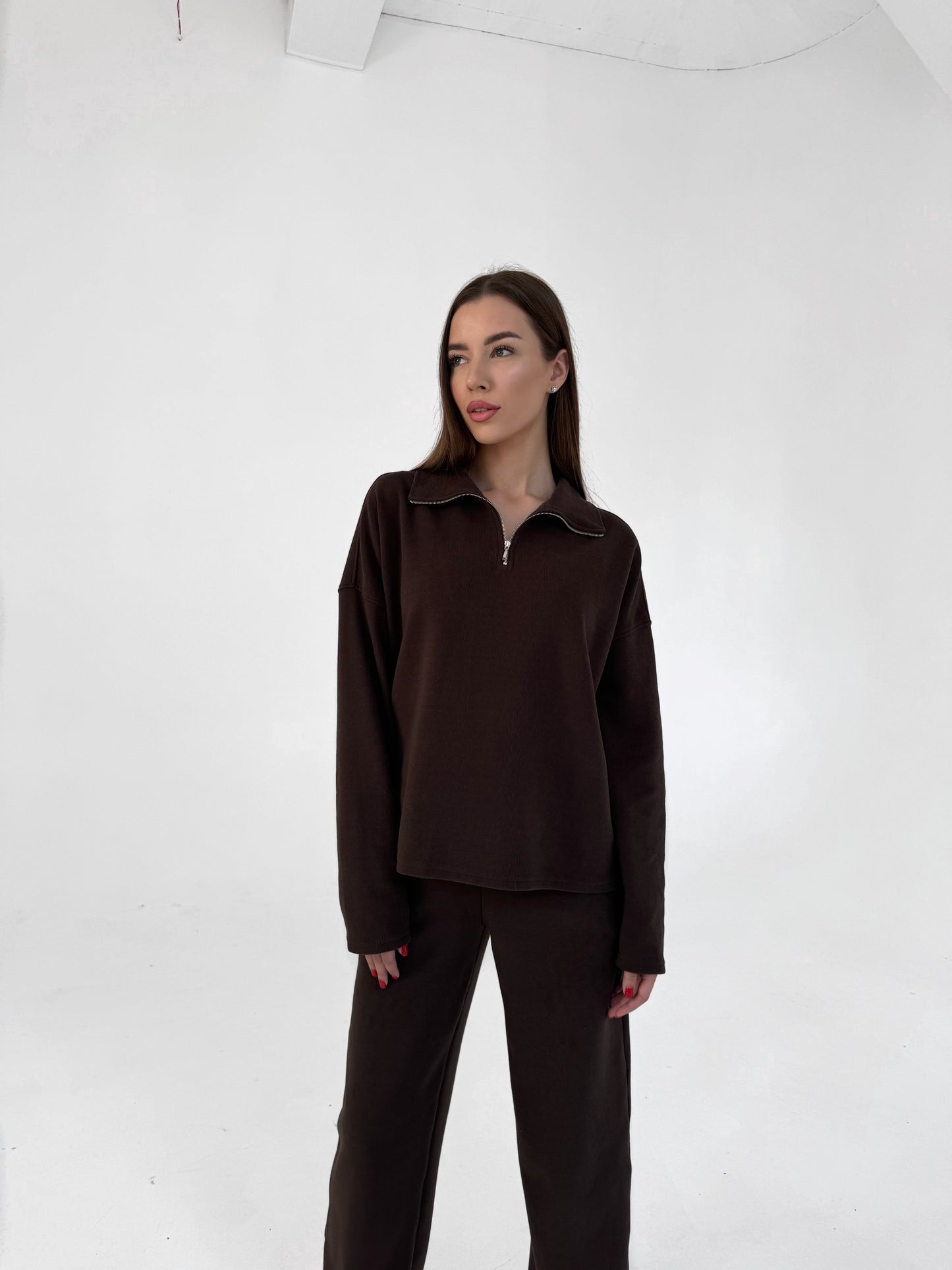 KNIT COLLAR SWEATSHIRT WITH ZIP / CHOCO