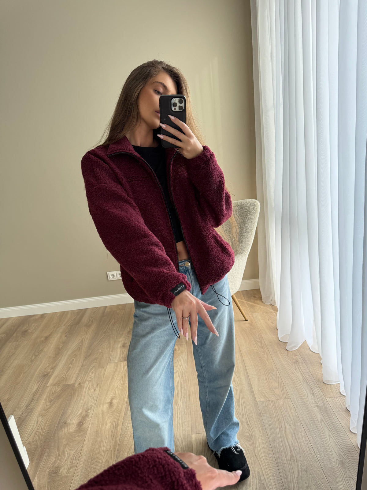 Teddy fleece zip jacket / burgundy