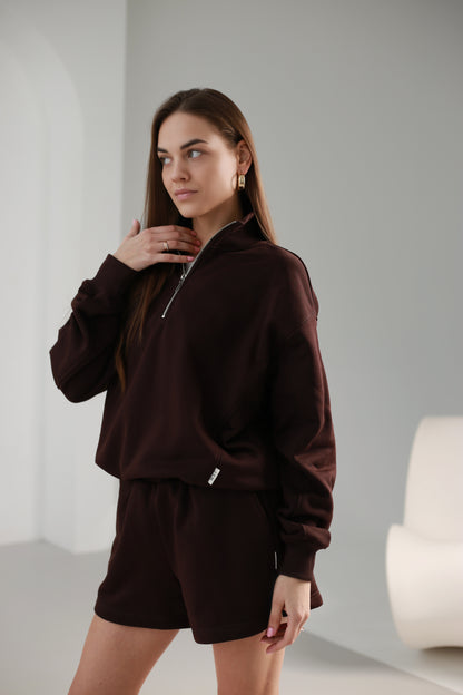 Zip collar sweatshirt / dark brown