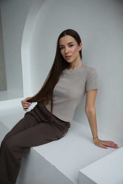 Ribbed slim fit tee / taupe melange