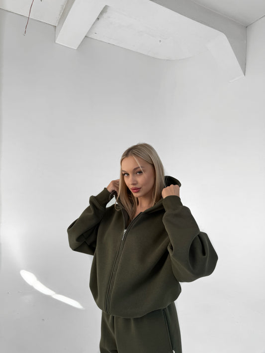 SHORT HOODIE with ZIP / KHAKI