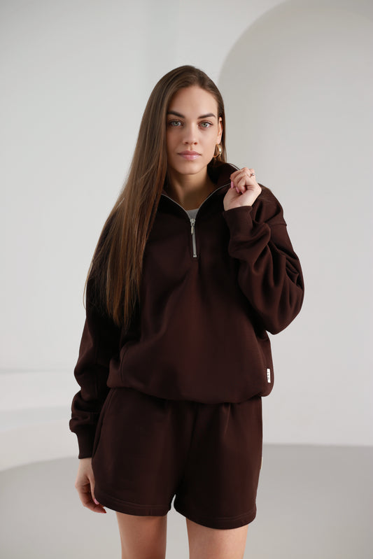Zip collar sweatshirt / dark brown