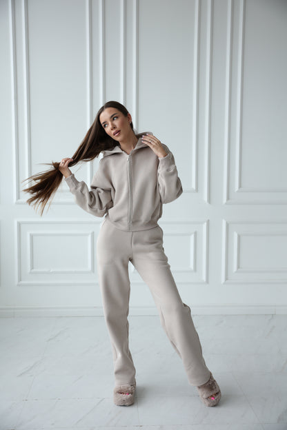 Short hoodie with zip II / greige