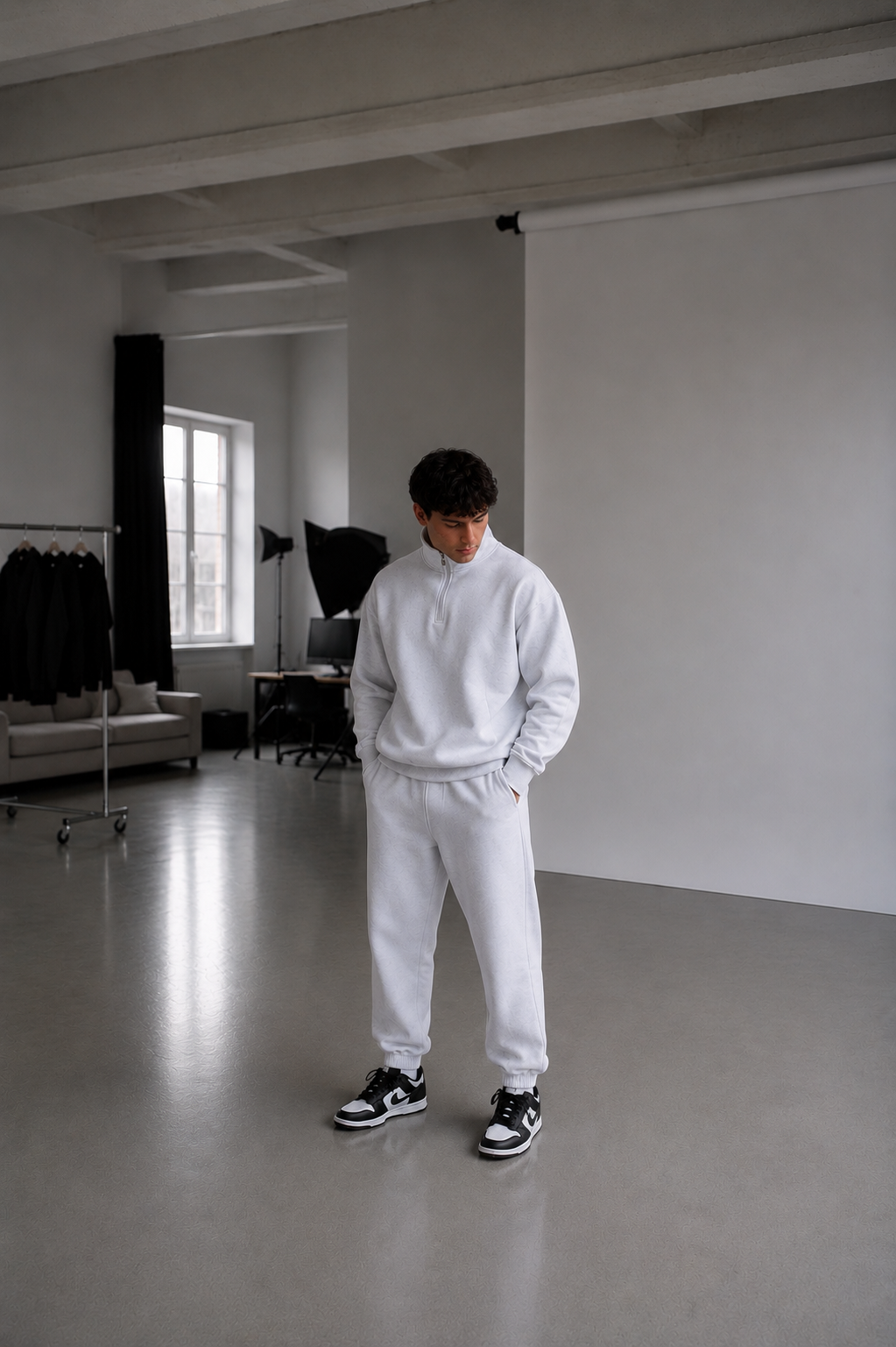 Men’s sweat with zip / white melange